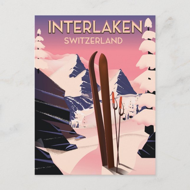 Interlaken Switzerland Ski travel poster. Postcard (Front)
