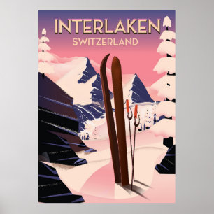 Interlaken Switzerland Ski travel poster. Poster