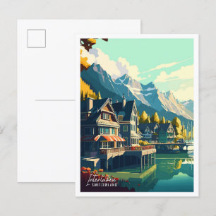 Interlaken Switzerland vintage travel illustration Postcard