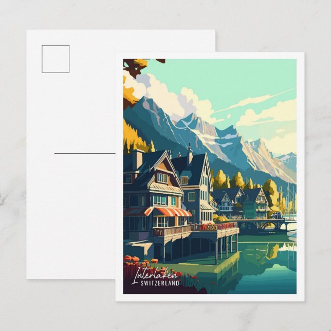 Interlaken Switzerland vintage travel illustration Postcard (Front/Back)