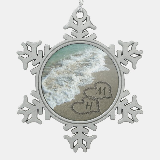 Interlocking Hearts on Beach Sand Snowflake Pewter Christmas Ornament (Front)