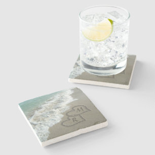 Interlocking Hearts on Beach Sand Stone Coaster