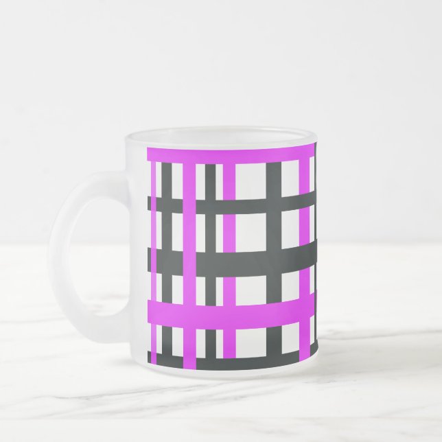 Interlocking Stripes Black White Pink Frosted Glass Coffee Mug (Left)