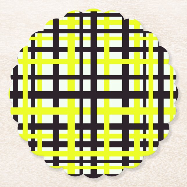 Interlocking Stripes Black White Yellow Paper Coaster (Front)