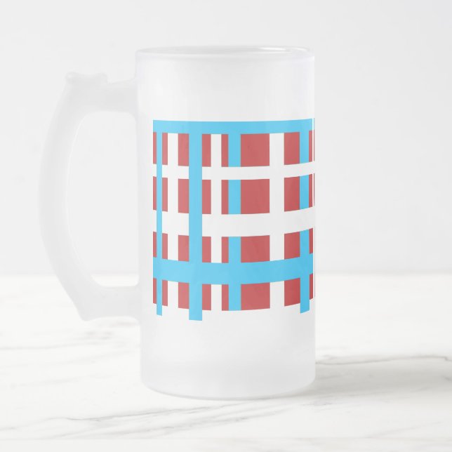 Interlocking Stripes White Red Light Blue Frosted Glass Beer Mug (Left)