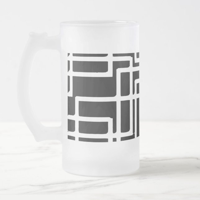 Interlocking White Squares Artistic Design Frosted Glass Beer Mug (Left)