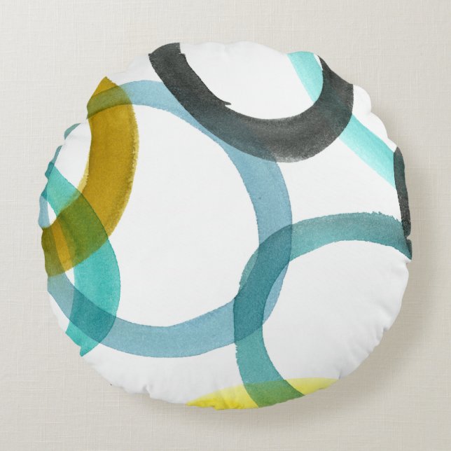 Interlocking Yellow & Blue Circles Round Cushion (Front)