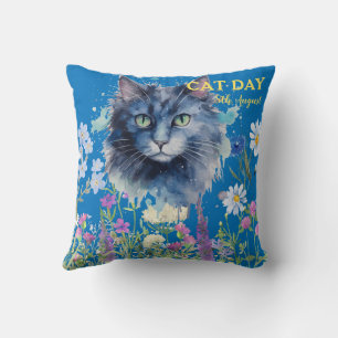 International Cat Day Watercolor Wildflower Cushion