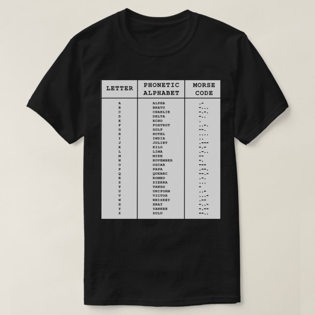 International Phonetic Alphabet Morse Code Chart T-Shirt (Design Front)