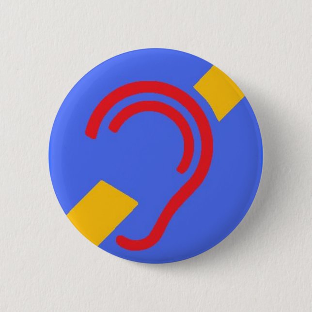 International Symbol for Deaf, Red, Yellow on Blue 6 Cm Round Badge (Front)