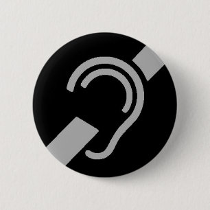 International Symbol for Deaf, Silver on Black 6 Cm Round Badge