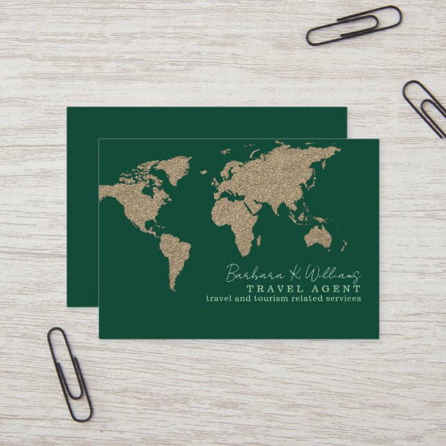 International Travel Agent World-Map Green Business Card (Front/Back In Situ)