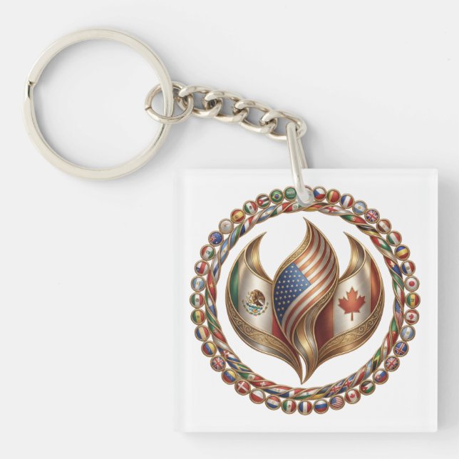International Unity Flame with World Flags Emblem  Key Ring (Front)
