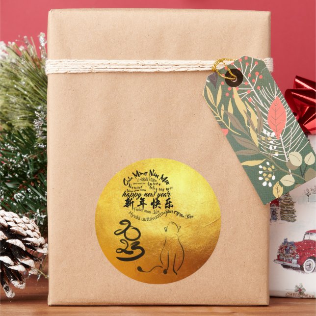 International Wishes Cat Year 2023 Golden RSt Classic Round Sticker (Holiday)