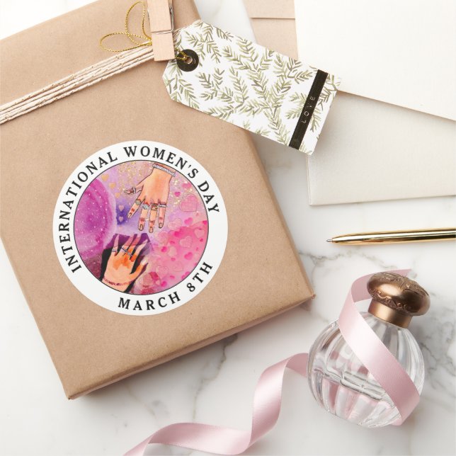 International Women's Day 8th March Pink Art Classic Round Sticker (Gifting)