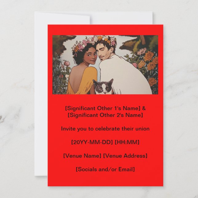 Interracial couple floral wedding art with cat invitation (Front)