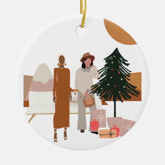 Interracial Female Couple Christmas Ceramic Tree Decoration (Front)