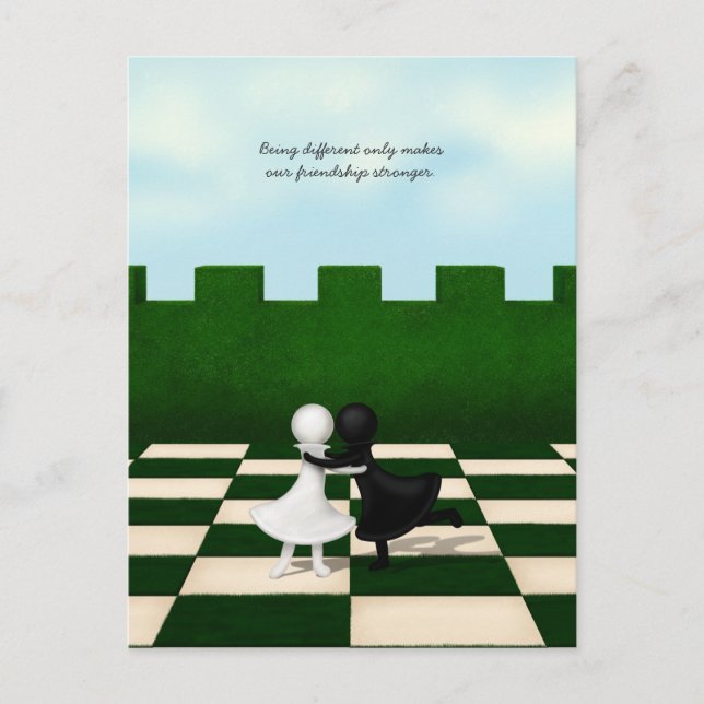 Interracial Friendship Cute Pawns Hug Personalised Announcement Postcard (Front)