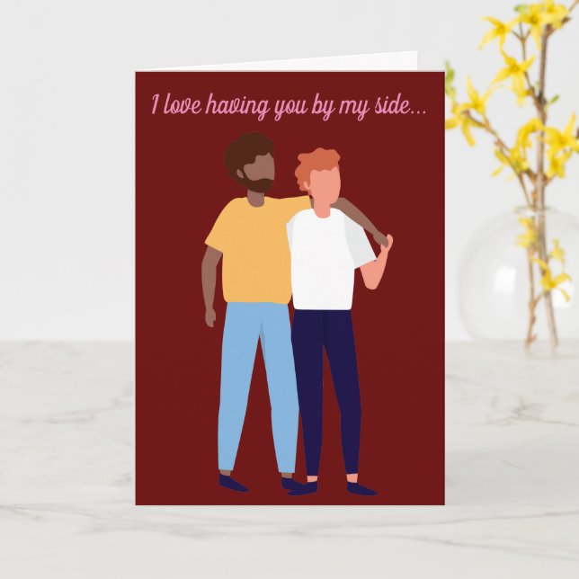 Interracial Gay Couple Happy Valentines Day LGBTQ Card (Yellow Flower)