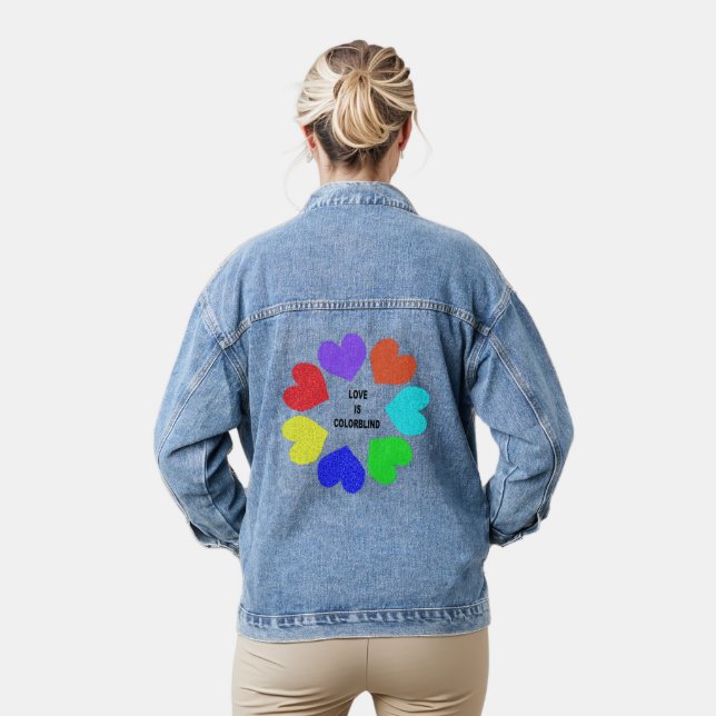 Interracial Love Rainbow Hearts Denim Jacket (Model)
