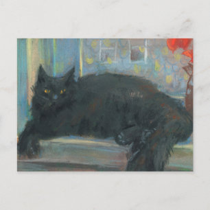 Interrupted Nap, Black Cat Impressionism Painting Postcard