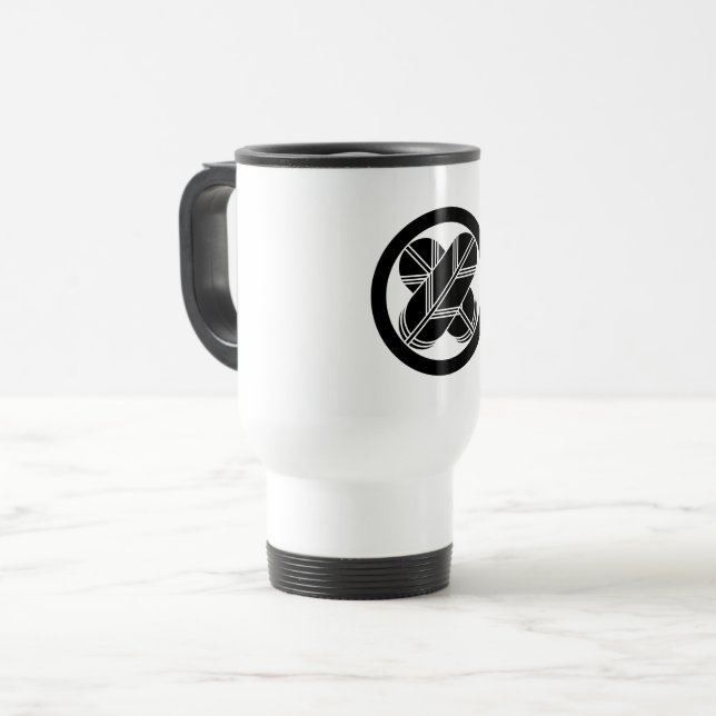Intersecting hawk feathers in circle travel mug (Front Left)
