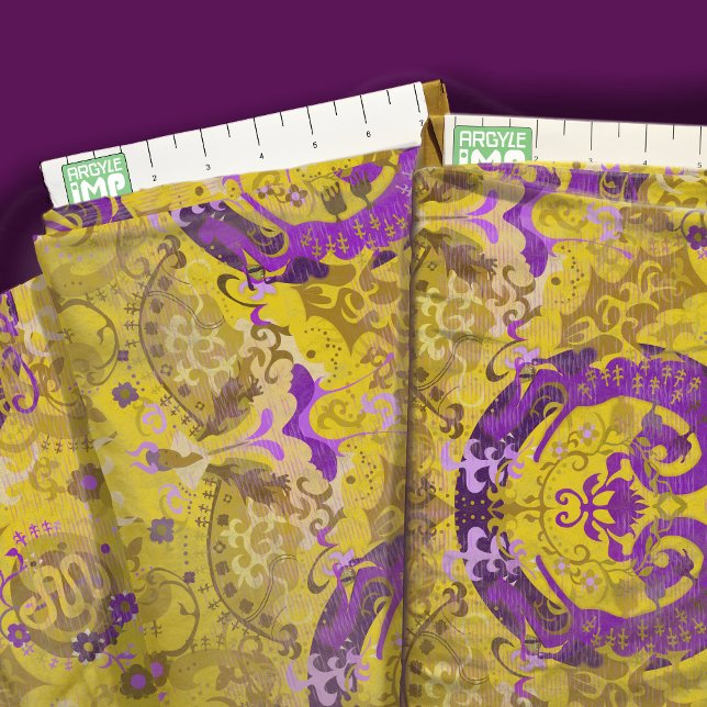 Intersex Pride Flag Colours Dragon Damask Fabric (close-up with ruler)