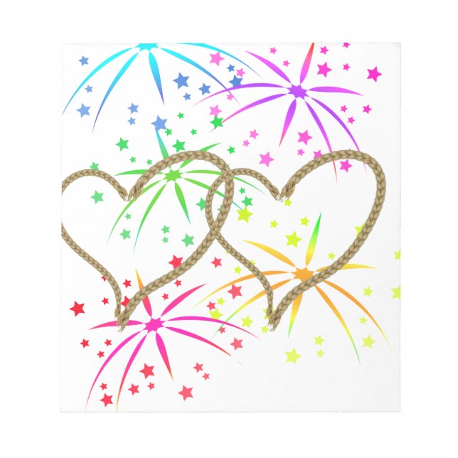 Intertwined hearts tangled rope romantic fireworks notepad (Front)