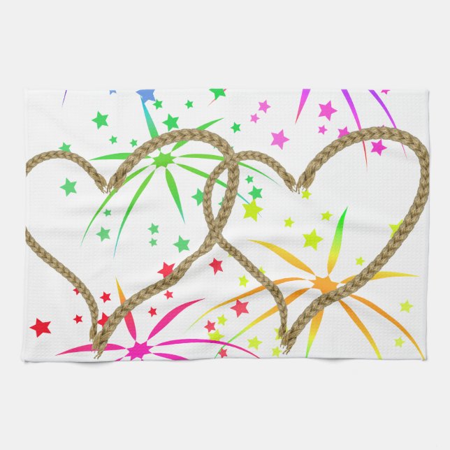Intertwined hearts tangled rope romantic fireworks tea towel (Horizontal)