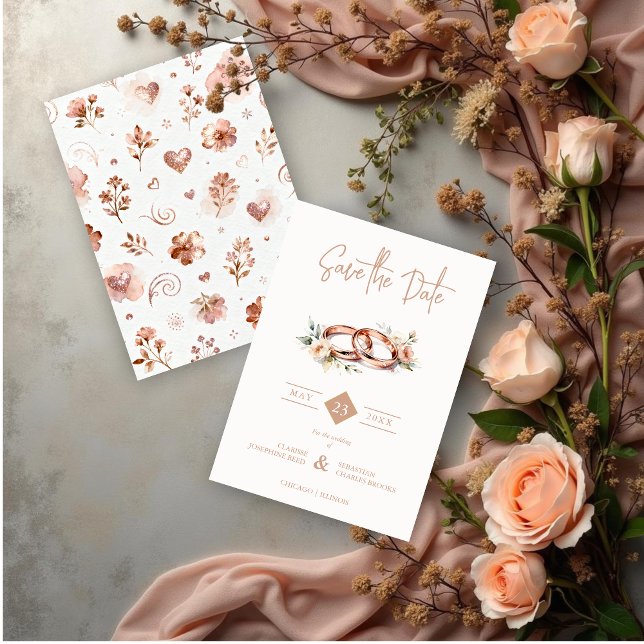 Intertwined Timeless Wedding Rings in Rose Gold Save The Date (Intertwined Timeless Wedding Rings in Rose Gold Effect with Flowers Save the Date Cards. )