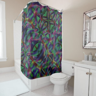 Interwoven tapes of darkened colorful shower curtain