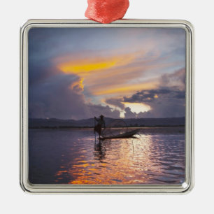 Intha fisherman leg rowing boat fishing with net metal tree decoration