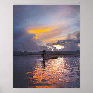 Intha fisherman leg rowing boat fishing with net poster