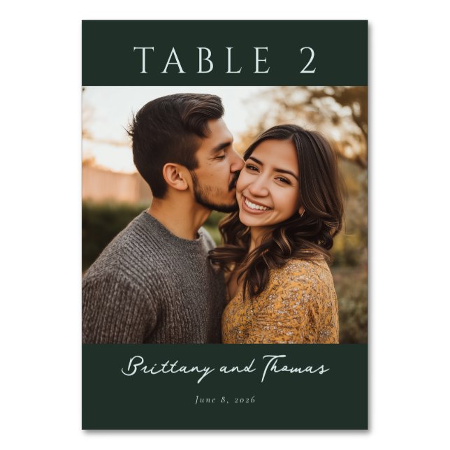 Intimate Dark Green Minimalist Photo Table Number (Front)