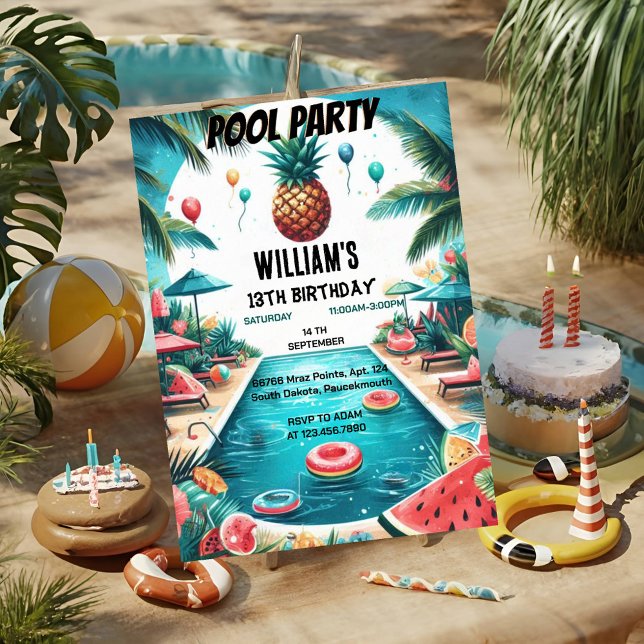 into boy water blue Cool Pool Party 13th Birthday Invitation (Creator Uploaded)