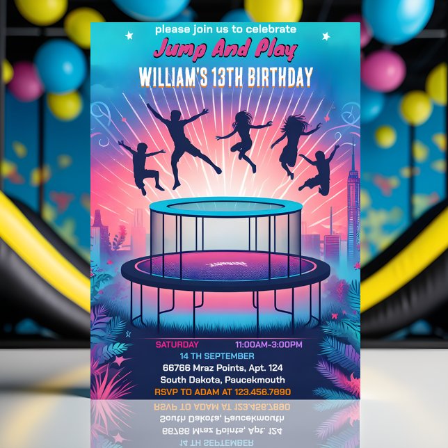 into boys kids cool trampoline Park 13th birthday Invitation (Creator Uploaded)