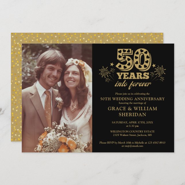 Into Forever 50th Anniversary Photo Gold Black Invitation (Front/Back)