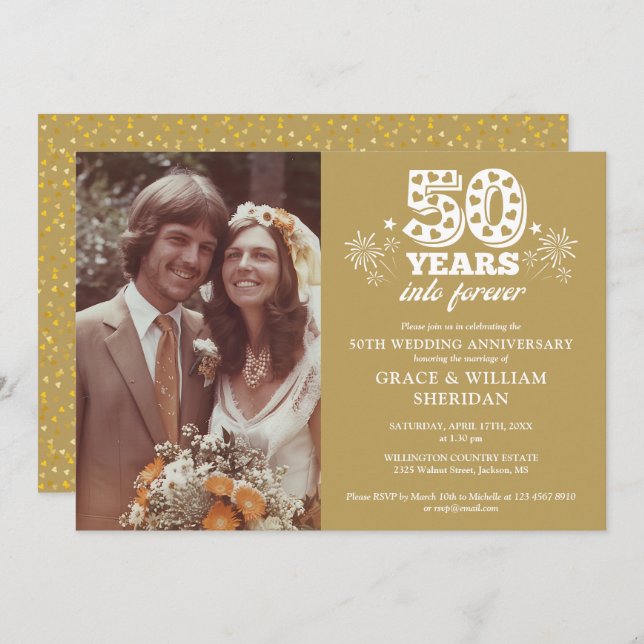 Into Forever Gold 50th Wedding Anniversary Photo Invitation (Front/Back)