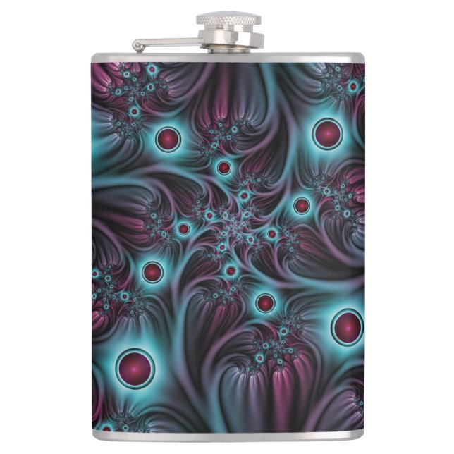 Into the Depth Blue Pink Abstract Fractal Art Hip Flask (Front)