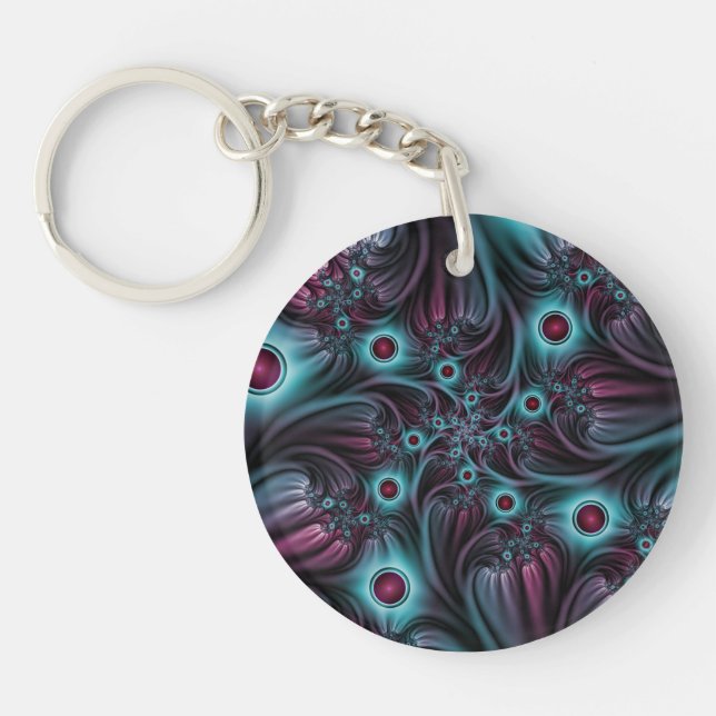 Into the Depth Blue Pink Abstract Fractal Art Key Ring (Front)