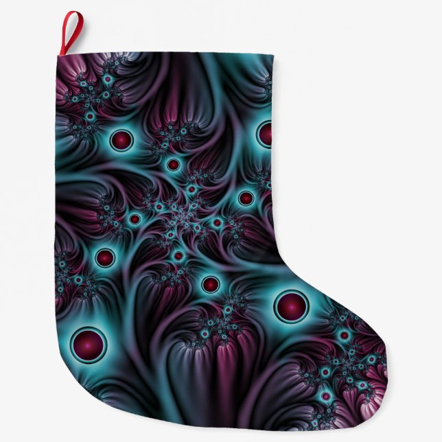 Into the Depth Blue Pink Abstract Fractal Art Large Christmas Stocking (Front)
