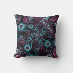 Into the Depth Blue Pink Abstract Fractal Art Name Cushion