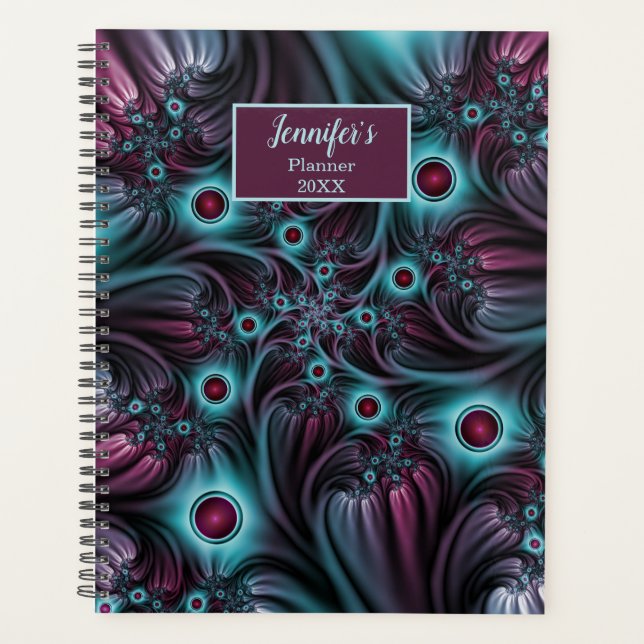 Into the Depth Blue Pink Abstract Fractal Art Name Planner (Front)