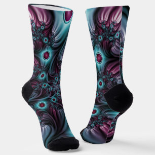 Into the Depth Blue Pink Abstract Fractal Art Socks