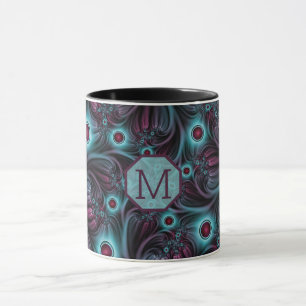 Into the Depth Blue Pink Abstract Fractal Monogram Mug