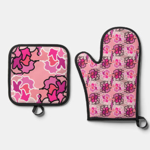 Into The Pink Mid Century Geometric Pattern Art Oven Mitt & Pot Holder Set