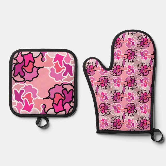 Into The Pink Mid Century Geometric Pattern Art Oven Mitt & Pot Holder Set (Front)
