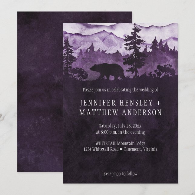 Into The Wild Dark Purple Mountains Bear Wedding Invitation (Front/Back)