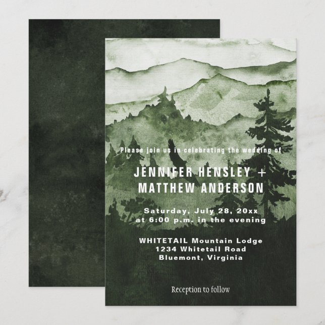 Into The Wild Emerald Green Mountain Scene Wedding Invitation (Front/Back)