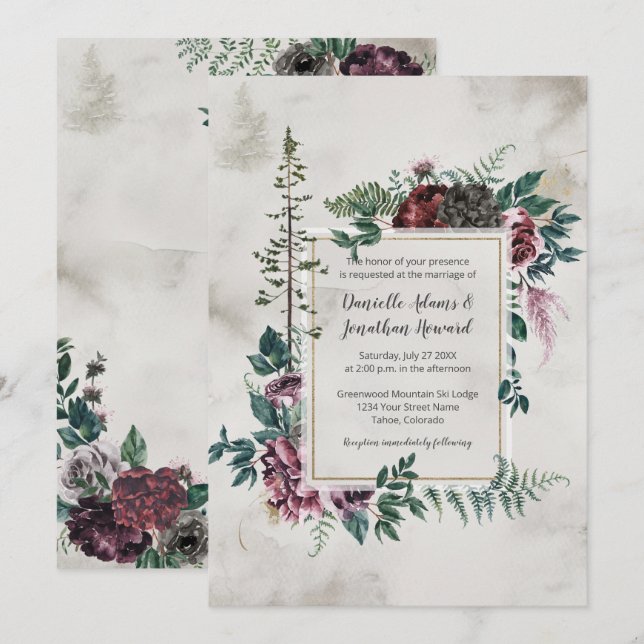 Into the Wild Rustic Burgundy Grey Floral Wedding Invitation (Front/Back)